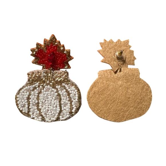 Halloween White Pumpkin Beaded Earrings/Holiday Earrings/Statement Earrings/Gift - Picture 2 of 2